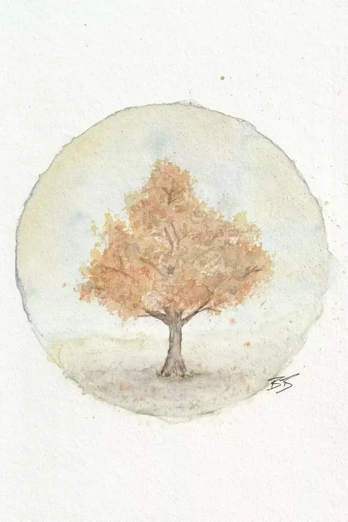 auragramm im aquarellstil, das einen schwungvollen baum in leuchtendem herbstgewand darstellt und die seelischen aspekte des menschen repräsentiert.