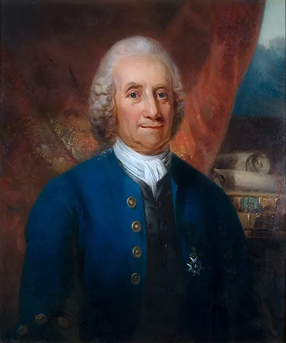 a portrait of Emanuel Swdenborg in a blue coat.