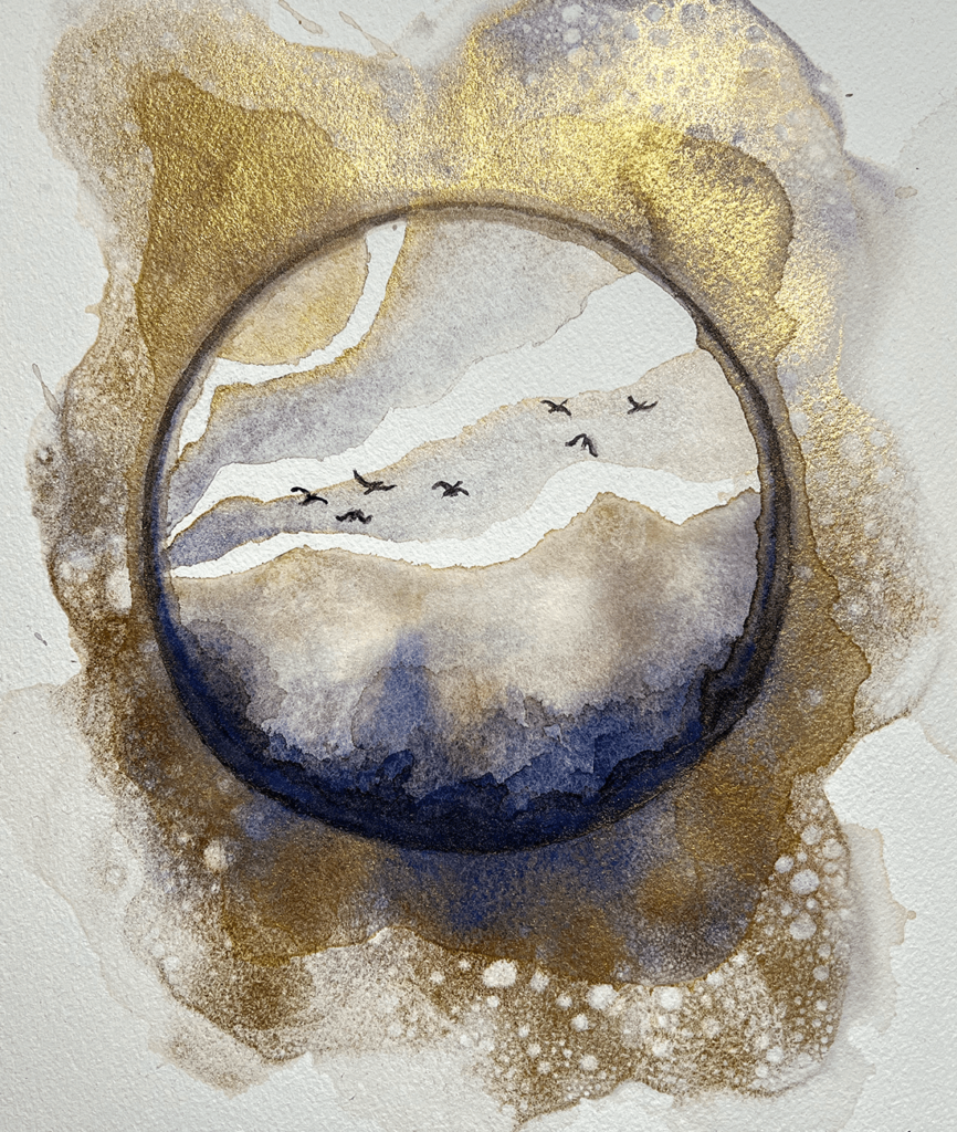 aufwendig gestaltetes auragramm im aquarell-stil mit akzenten in gold, blau und lila, umrahmt von einem goldenen schmuckrand.