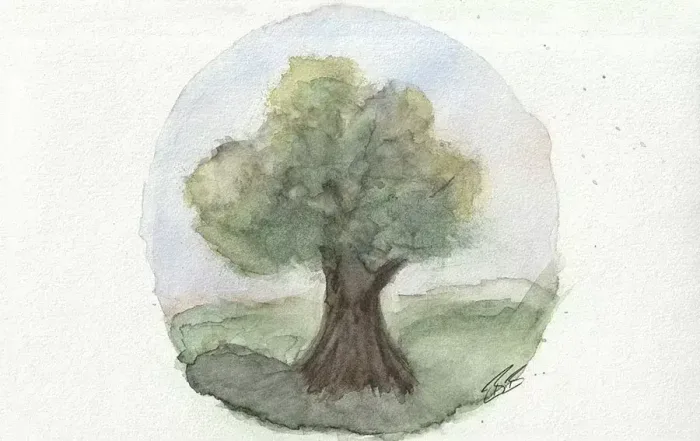 aquarell-auragramm mit einem baum, der die spirituelle reise und das wachstum des klienten symbolisiert.