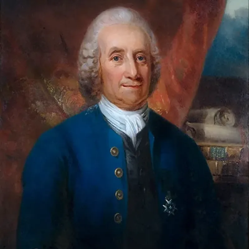 a portrait of Emanuel Swdenborg in a blue coat.