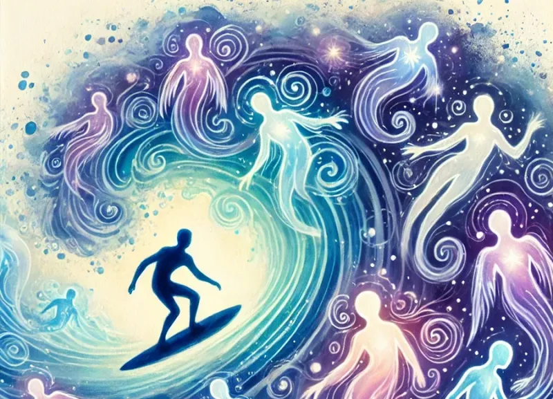 Ein Surfer reitet auf einer Welle, umgeben von leuchtenden Geisterwesen – symbolisiert die Praxis der Medialität und den Jenseitskontakt in der A-SURFER Methode.