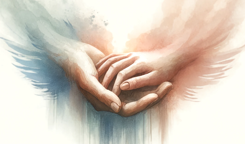 Zwei Hände, die sich tröstend halten - Symbolbild für Beistand und Trost in der Trauer