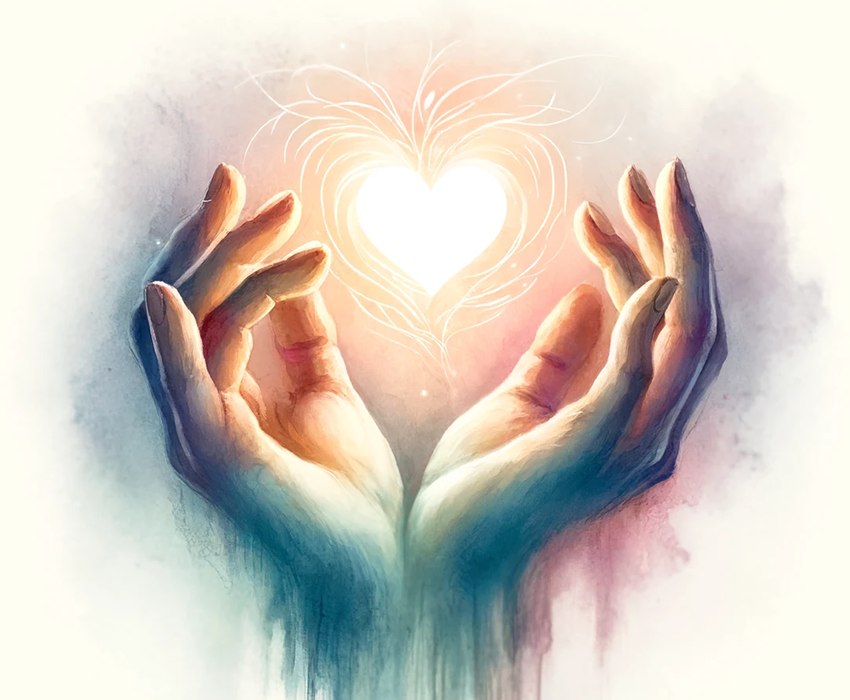 Zwei ineinander verschlungene Hände vor einem Herzen - Symbolbild für die fortdauernde Liebe und Verbindung über den Tod hinaus