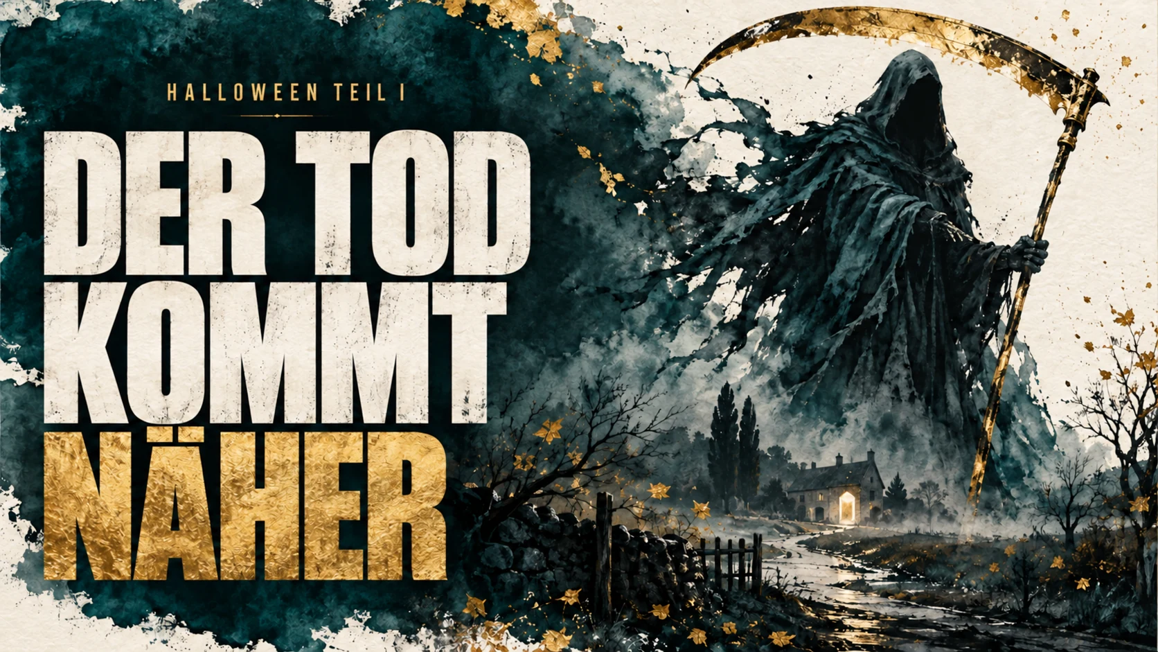Sensenmann mit goldener Sense in Petroleum-Aquarell; Schriftzug „Der Tod kommt näher – Halloween Teil I“