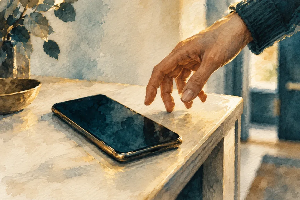 Eine Hand greift nach einem Smartphone auf einem hellen Flurtisch