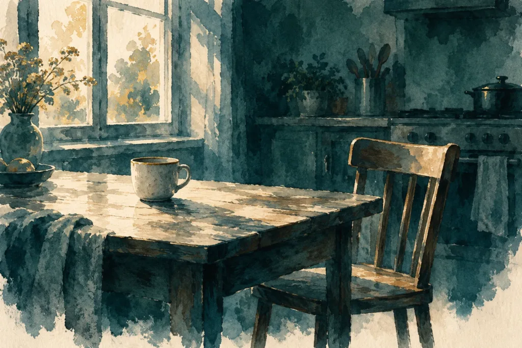 Aquarell einer stillen Küche mit leerem Holzstuhl und einer Tasse auf dem Tisch