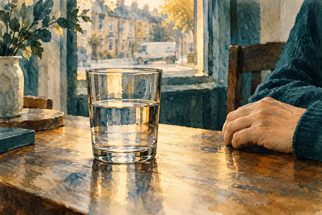 Halb gefülltes Wasserglas neben der Hand eines sitzenden Menschen, draußen fährt ein Lieferwagen vorbei