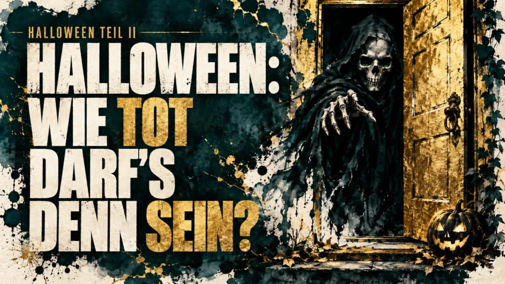 Skelettgestalt in einer goldenen Tür; Schriftzug „Halloween: Wie tot darf’s denn sein? – Halloween Teil II“