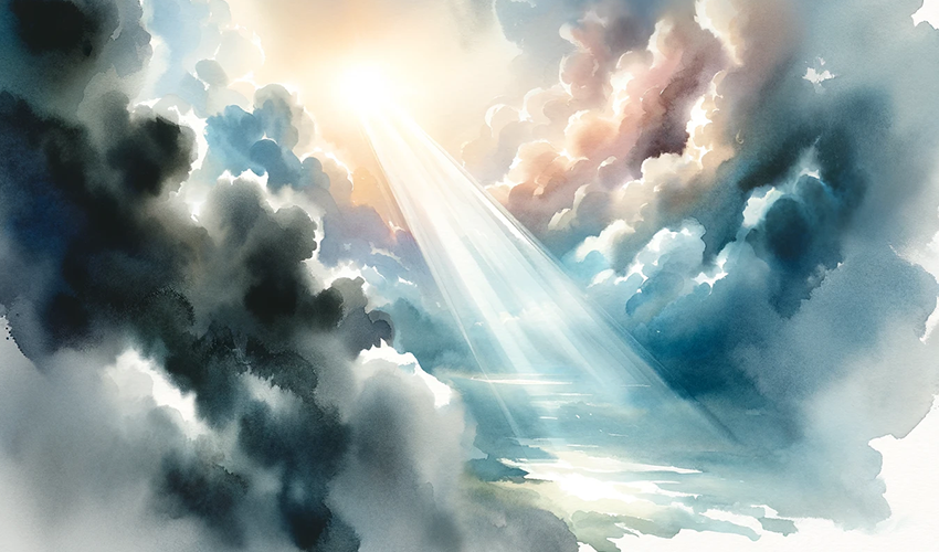 Ein Lichtstrahl, der durch dunkle Wolken bricht - Symbolbild für Hoffnung, Trost und inneren Frieden nach einem Jenseitskontakt