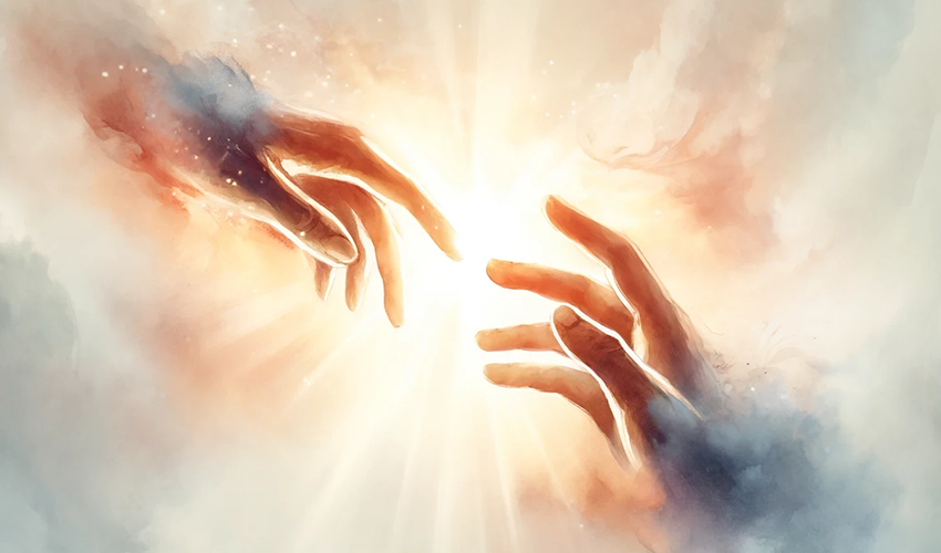 Zwei Hände, die sich im Licht erreichen - Symbolbild für Jenseitskontakte und Verbundenheit