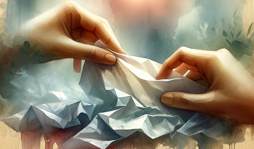 Zwei Hände, die ein zerknittertes Blatt Papier glätten - Symbolbild für das Beilegen von Konflikten und das Finden von Klarheit