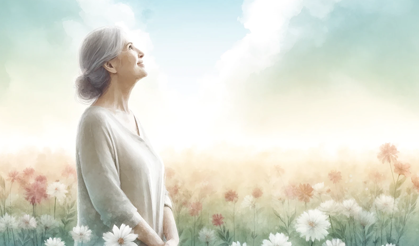 Eine Person, die in einem Feld mit Blumen steht und lächelnd zum Himmel blickt - Symbolbild für inneren Frieden und liebevolle Verbundenheit mit Verstorbenen