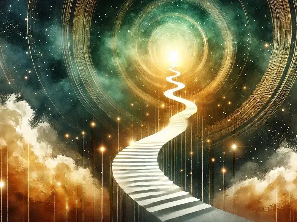 Abstrakte Darstellung einer goldenen Treppe, die unendlichen spirituellen Fortschritt symbolisiert