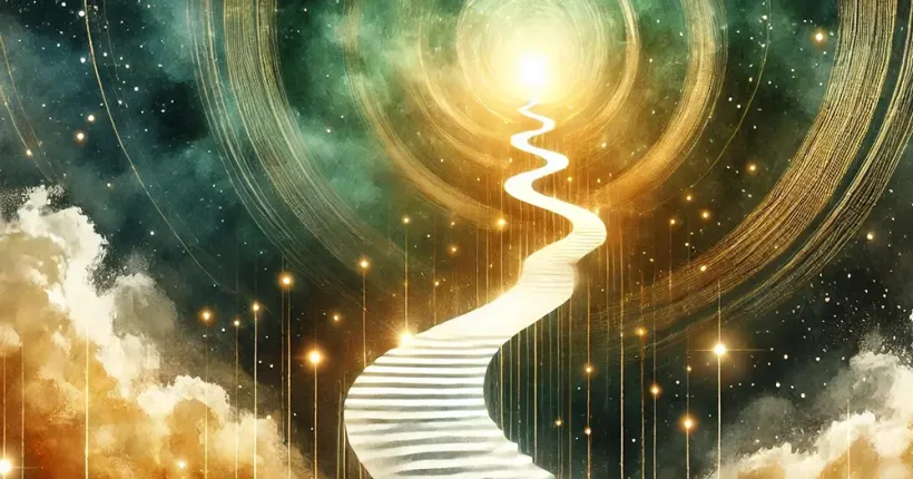 Abstrakte Darstellung einer goldenen Treppe, die unendlichen spirituellen Fortschritt symbolisiert