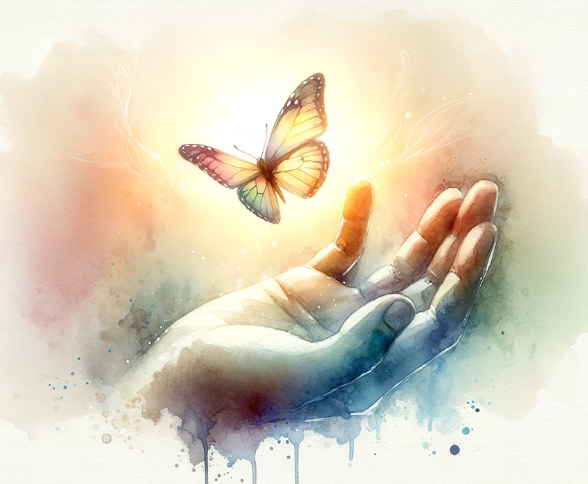 Ein Schmetterling, der sich auf einer ausgestreckten Hand niederlässt - Symbolbild für Botschaften und Zeichen aus der geistigen Welt