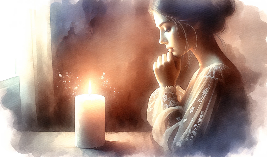 Text: Eine Person, die in Gedanken versunken auf eine Kerze blickt - Symbolbild für Trauer und Sehnsucht nach verstorbenen Liebsten